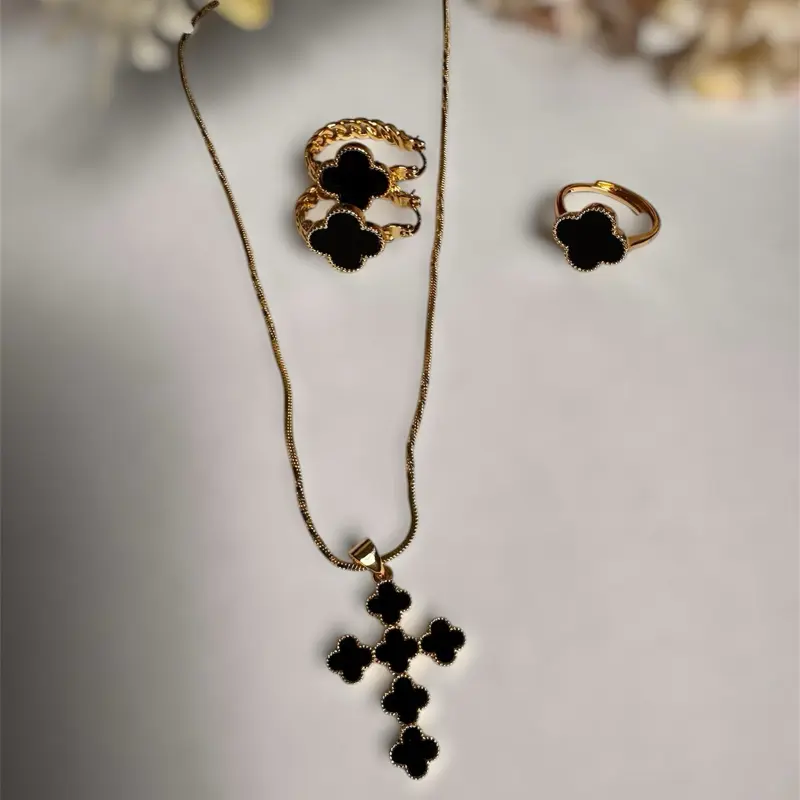 Dije, aretes y anillo one size de flor oscura oro laminado 14k alta calidad