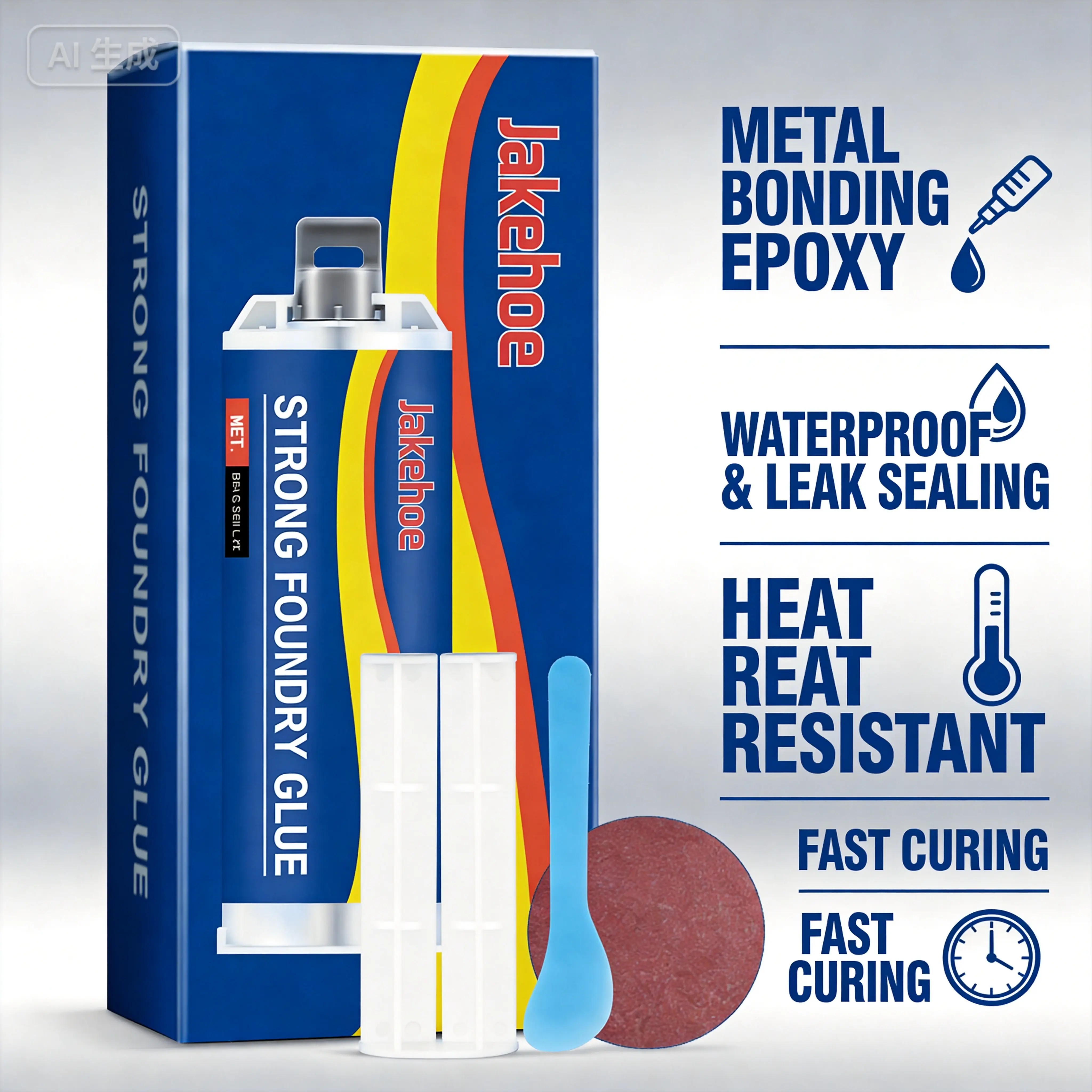 Jakehoe Metal Epoxy Glue, 2-Part Cold Weld Repair Adhesive for Stainless Steel Copper Aluminum, Waterproof High-Temperature Foundry Filler with Mixing Nozzle Scraper Sandpaper, 85ml