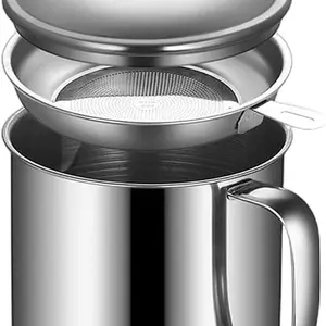 Grease Container with Fine Mesh Strainer kitchen oil storage tank pot (1.3L Stainless Steel 410)