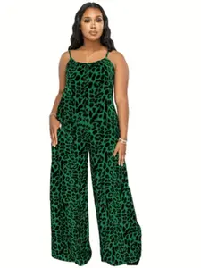 Plus Size Women's New Fashion Leopard Print Sexy Strap Jumpsuit, Summer Leopard Print Strap Casual Jumpsuit, Trendy and Comfortable