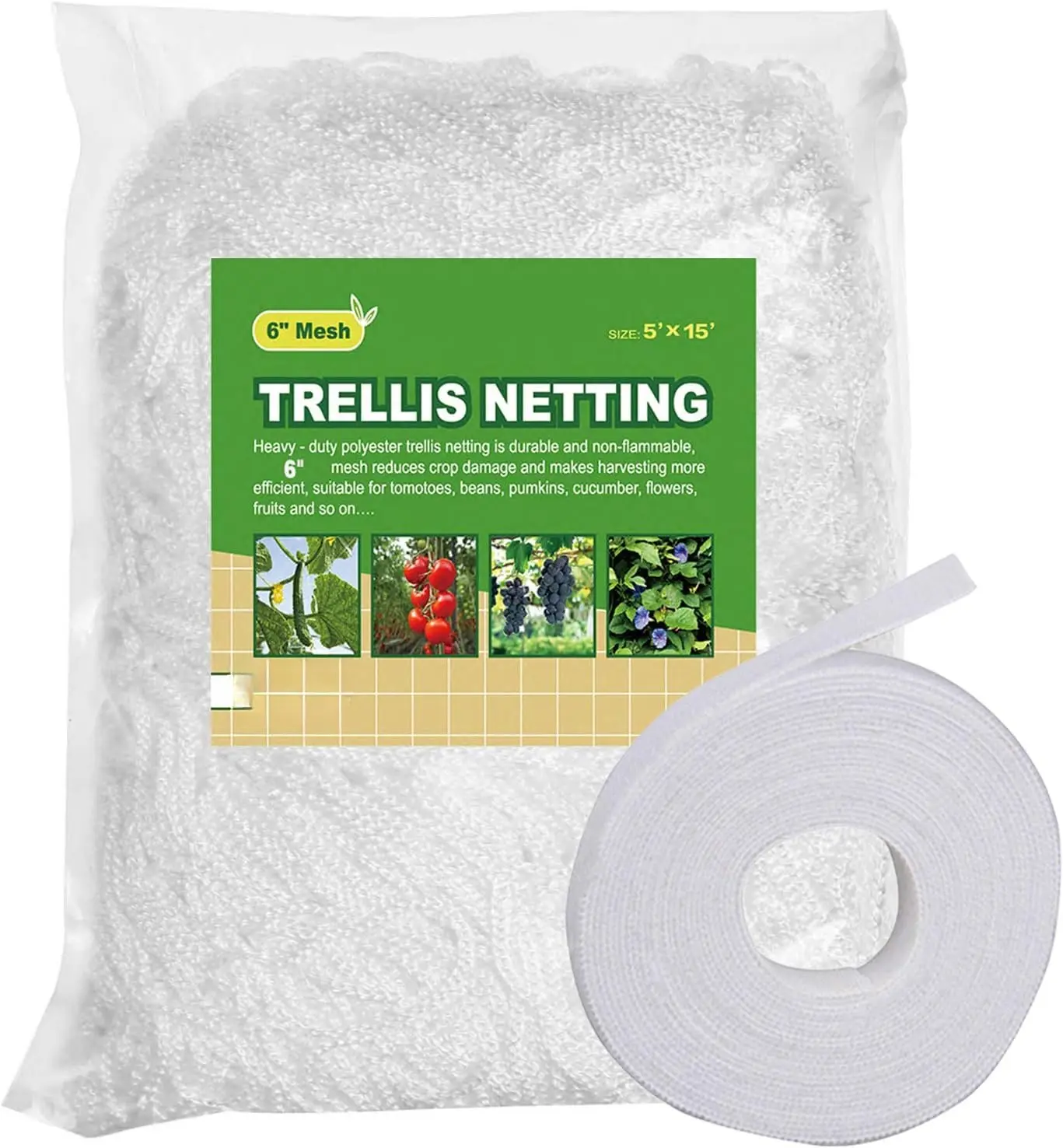 All-Weather Trellis Netting Mesh  Garden Vine Growing Flexible String Net (6" Mesh ployester, 5' Wx 15'L)