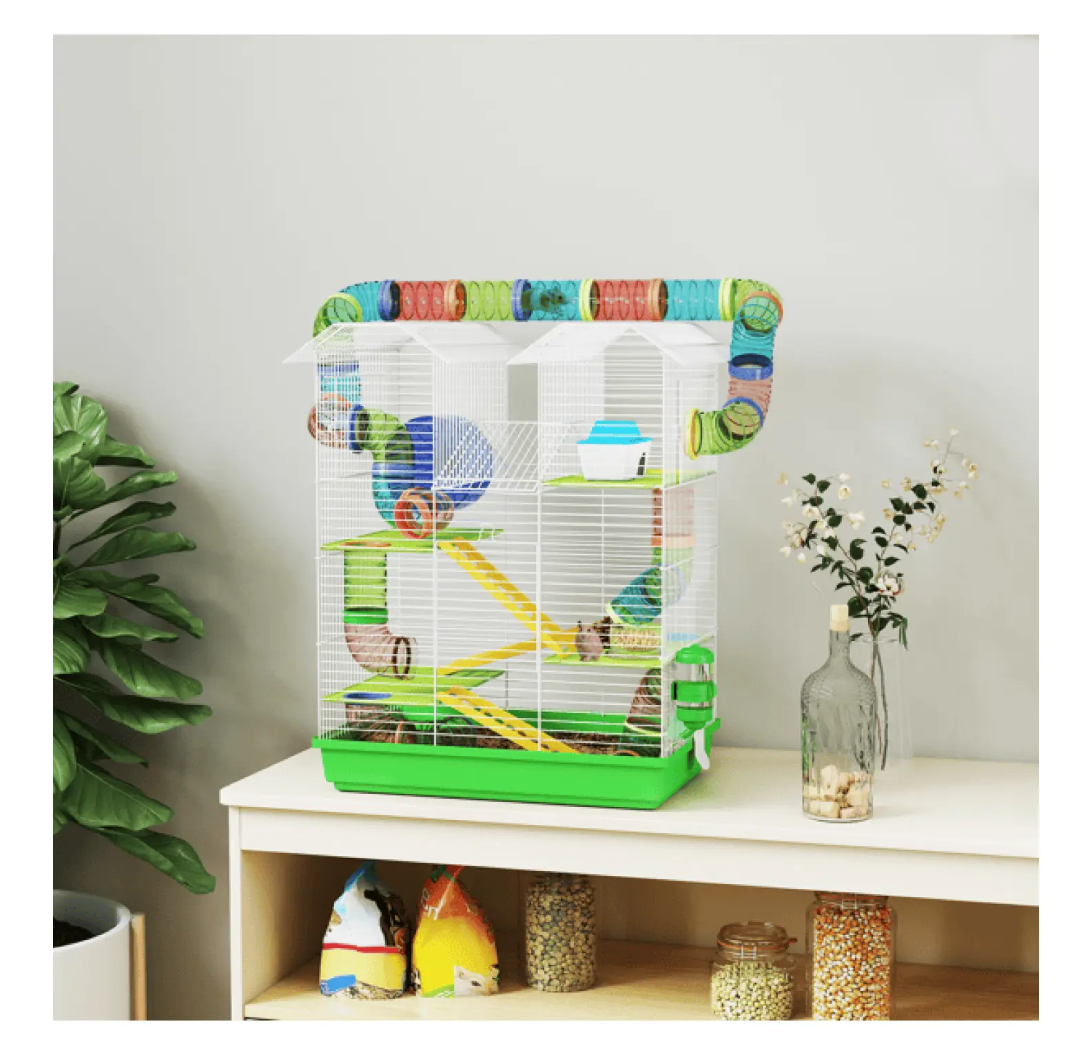 5-Tier Green Steel Wire Hamster Cage Complete Kit - Plastic Front Door, Plastic Food Dish, Tubing System, Open Design, Easy Access for Cleaning, 18.5 l x 11.75 w x 23.25 h Small Animal Habitat for Gerbils, Small Breeds