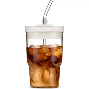 16oz/480ml Iced Coffee Cups With  And Straws, Leakproof Glass Tumbler,Water Bottles,Cold Brew,Drinking Jars For Juicing,Matcha,,Smoothie For Travel,Office ()