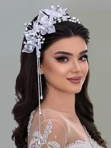 Rhinestone Decorated Mesh Flower Headwear, Elegant Bridal Headwear for Wedding Bridal Party Formal Occasions, Fashion Hair Accessories for Women