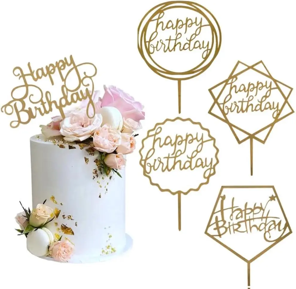 Luxurious 5-Piece Durable Gold Acrylic Cake Topper Set - 4.5" x 6.8", Square, Wave, Round, Elegant Design, Happy Birthday, Protective Film, Party Decorations for Home Festive Occasions
