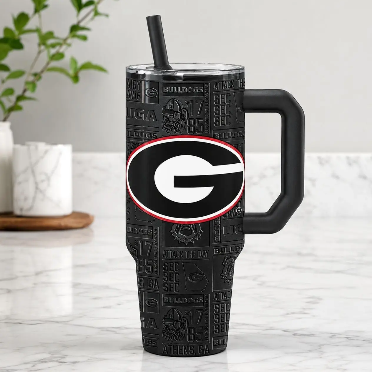 Georgia Bulldogs 40oz Tumbler with Handle, 3D Embossed Look UGA Quencher, College Football Tailgate Mug, Insulated Steel Cup