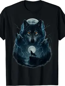 Wolf Howling At Moon Funny Graphic Tees| Men'S Wolves T-Shirt, Vintage Style, Crew Neck, Slight Stretch, Regular Fit, All-Season, Drawing Pattern