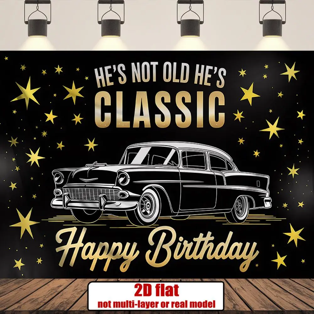 1PC,2D Flat Backdrop Vintage Car Theme Birthday Decoration Backdrop, Classic Old - Car Party Background Banner, Photo Backdrop for Men's Birthday Banquet, Black - Gold Star Happy Birthday Scene