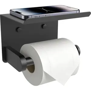 Toilet Paper Holder with Shelf, Adhesive or Screw Wall Mounted Matte Black Bathroom Toilet Paper Roll Tissue Holder for Bathroom Hardware Accessories