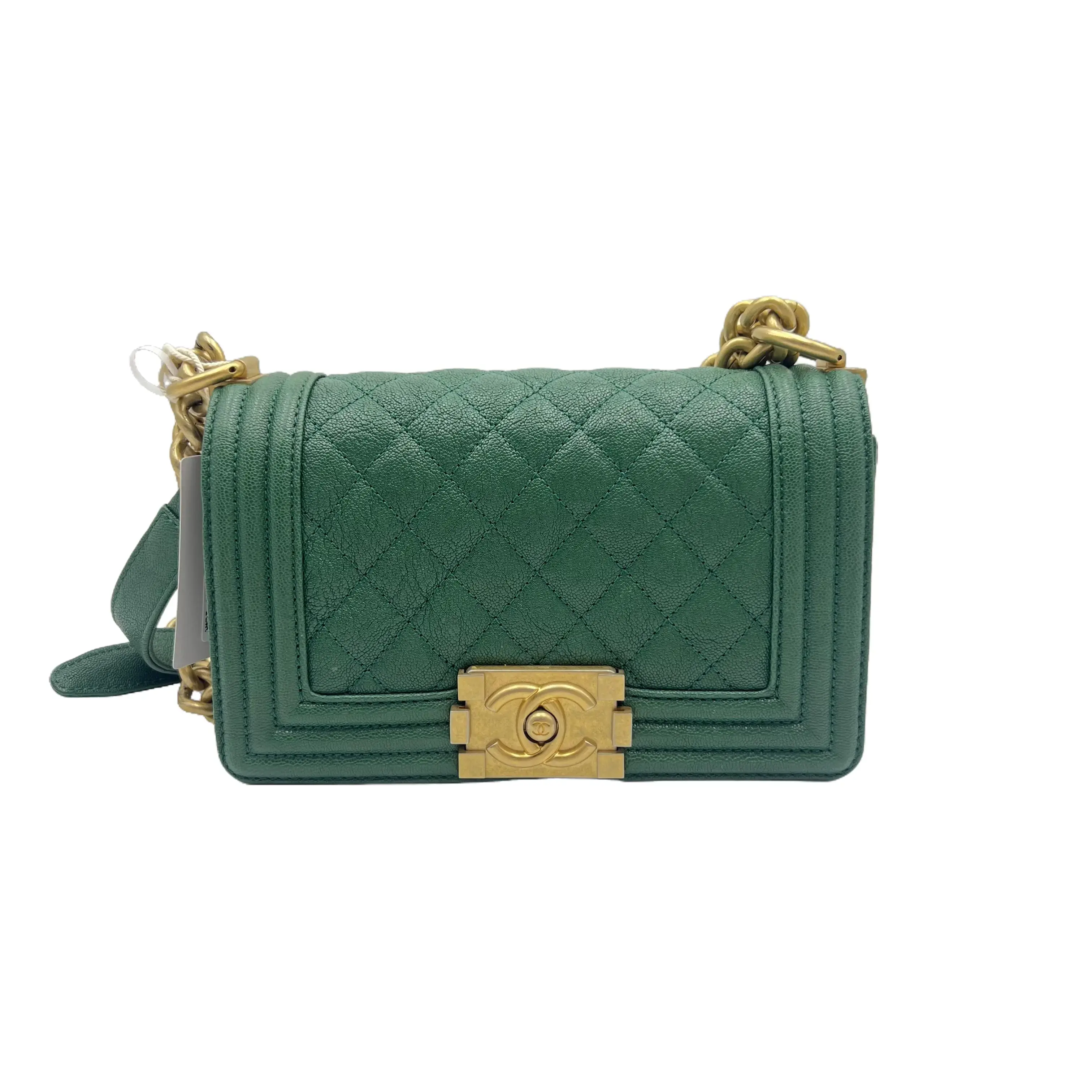 Pre-owned CHANEL france Crossbody Bags h8 Le Boy Small Crossbody Bag — Green Caviar Leather with Gold Hardware 61663