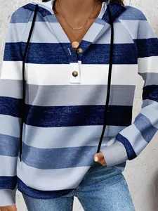 Women's Fall Winter Striped Hoodie, Blue Stripe Loose-Fitting Pullover, Retro Style Casual Wear, Perfect for Daily