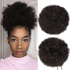 Afro Puff Ponytail for Black Women 6 Inch 8 Inch 100% Human Hair Puff Hair Extensions Clip On Kinky Drawstring Curly Ponytail Bun Durable Natural Soft and Smooth Perfect Blending and Adding Volume