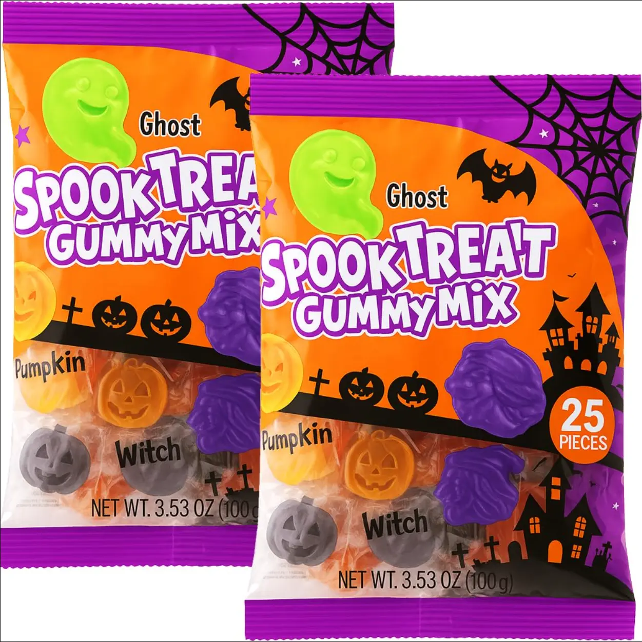 Halloween Gummy Candy Mix, 50 Individually Wrapped Fruit Candies, Trick-or-Treat Party Favors, 2 Bags