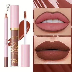 USHAS European and American Makeup In Stock Lip Gloss + Lip Liner Set Matte Lipstick Waterproof Non-Stick Cup