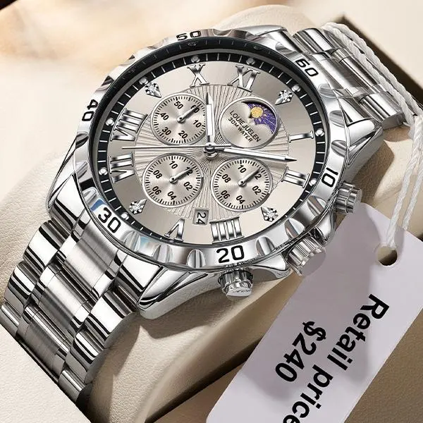 Commander Series Men's Analog Business Watch, 40mm Round Face, Stainless Steel Strap with Buckle, Sapphire Crystal Glass, 30M-50M Waterproof, Luminous Display, Shock Resistant, Calendar, Chronograph, Swiss Alloy Multi-Function Watch