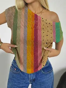 Spring Summer Women's Beach Vacation Style Asymmetric Neck Off-Shoulder Batwing Sleeve Semi-Sheer Lace Knit Top, Printed Knitwear, Bikini Cover-Up