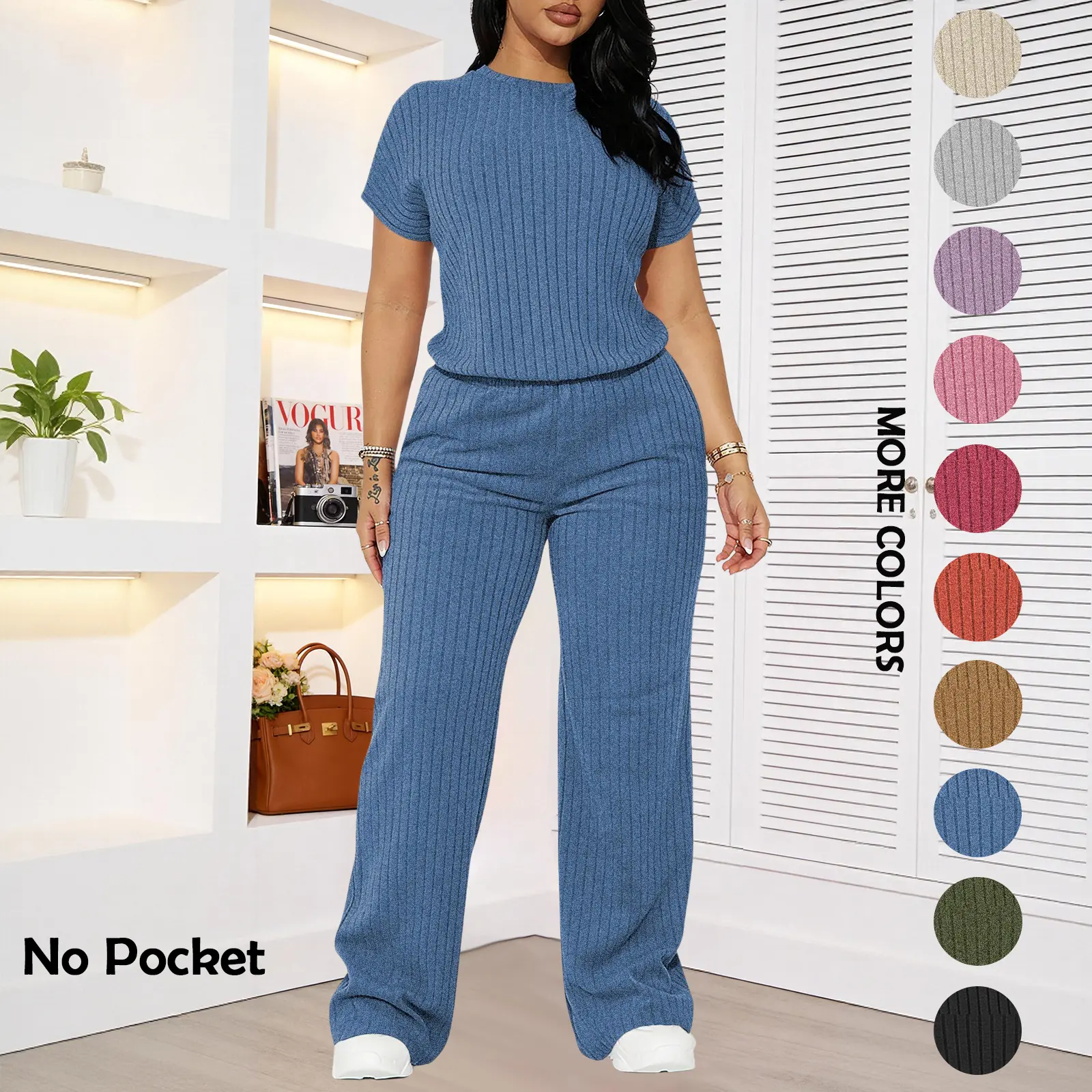 Women's Solid Shortsleeve Crewneck Ribbed Top & Wide Leg Pants Minimalist Casual Fitted Fashion Cozy Top & Trousers for Daily Outdoor Wear Ladies Clothes for Summer Womenswear Yoga Clothes Set Black Batwing Suits Suits Gamis