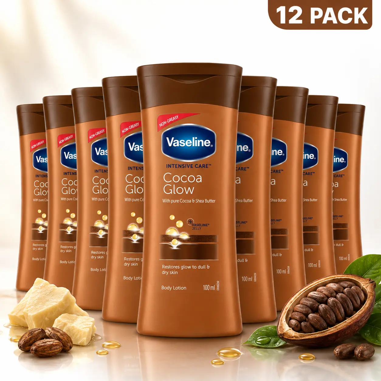 Vaseline Intensive Care Cocoa Glow Lotion 12 Pack Bulk (100ml / 3.4oz) Non-Greasy Body Moisturizer with Pure Cocoa & Shea Butter Multipack Set - Scent Moisture Restore Nourishing Blend Daily Radiance Moisturizing Body Care