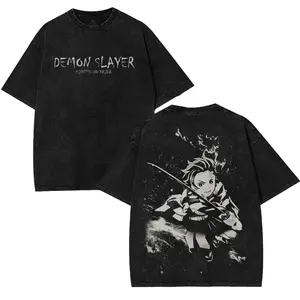 Kamado Tanjiro Akaza Upper Moon Rank 3 Infinity Castle Demon Slayer Kimetsu No Yaiba Anime Double Printed Acid Washed T-Shirt Tops Graphic Tee American Made Oversized 100% Cotton S-5XL casual streetwear menswear streetwear graphic tee Fabric