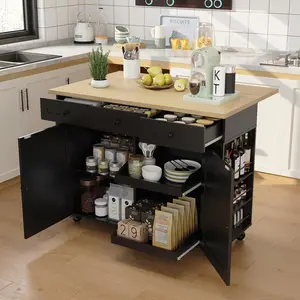 Rolling Kitchen Island with Drop Leaf Countertop, Charging Station & Ample Storage - 47.2" Mobile Kitchen Cart On Wheels with Pull-Out Shelves, Drawers, Spice Rack & Organizer Divider