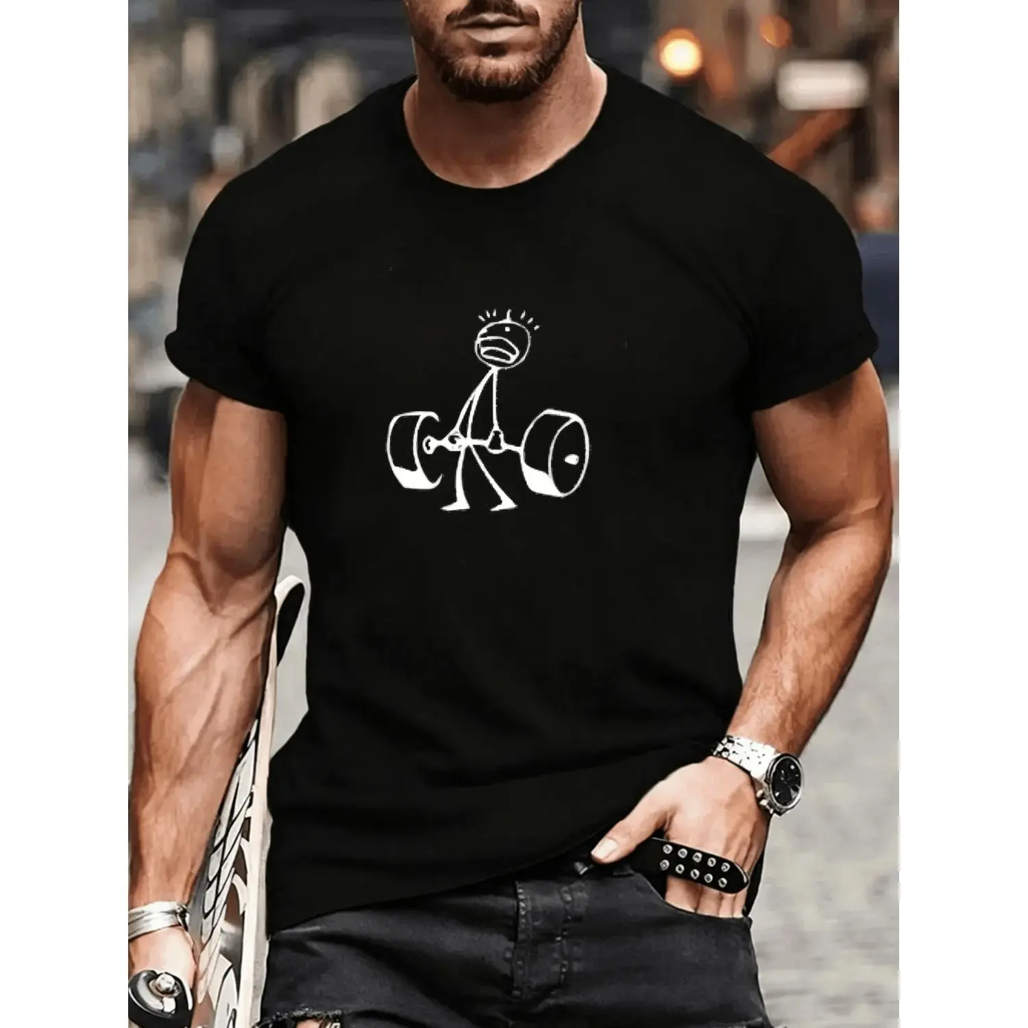 Mens Humorous Gym Cotton T-Shirt Featuring Stick Figure Lifting Weights Print Breathable Loose Fit Crew Neck Short Sleeve Tee Ideal for Fitness Casual Wear and Daily Use Comical Workout Clothes
