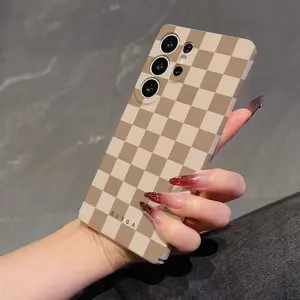 Fashion Coffees Whites Plaid phone case Phone Protector Cover suitable for Samsung Galaxy S25 S24 S23 S22 FE Ultra Plus 4G 5G Protective lens protection, shock resistant Shockproof hard PC back cover Smartphone Cellphone Casing Accessories