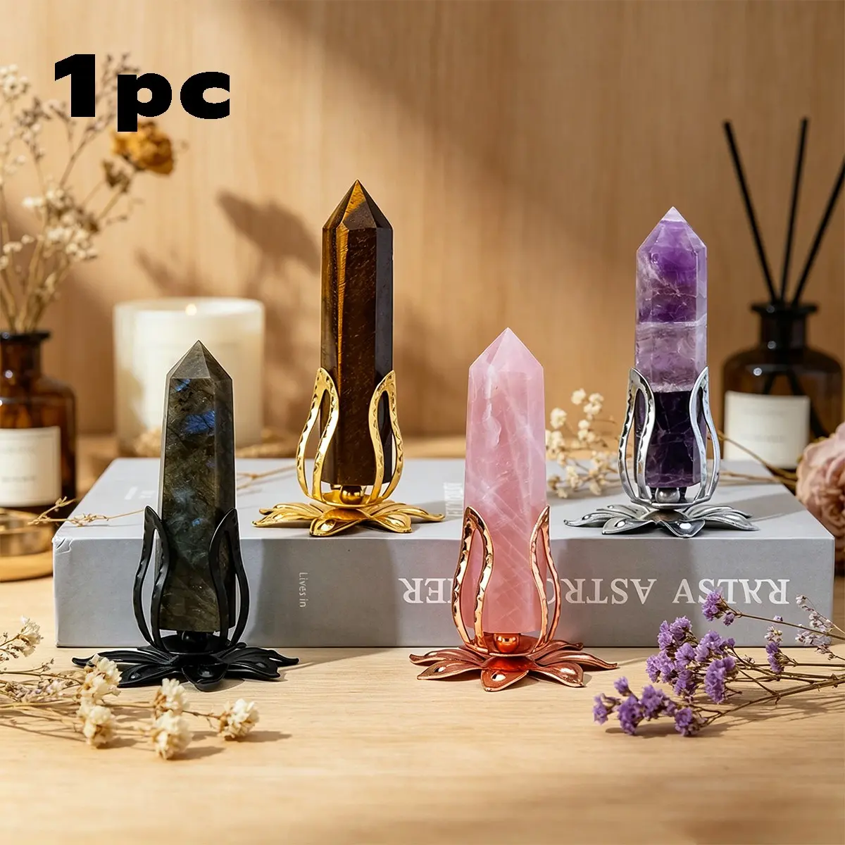 Bohemian 3 Flower Buds Crystal Column, Detachable Crystal Ball with Metal Base, Reiki Healing Gemstone Ornament, Home Office Decor, Crystal Ornaments