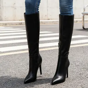 Fall/Winter New Arrival Women's Knee-High Boots Solid Color 4-Inch Stiletto Heel Wide-Leg Pointed Toe with Side Zipper Fashion-Forward & Comfortable for Everyday Wear Easy Slip-On/Off Design  Black Pu    NZYX