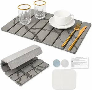 Stone Dish Drying Mat for Kitchen Counter, Quick Dry Stone Dishes Mats,Foldable Water Absorbing Diatomaceous Earth Drying Organizer Pad for Plate Rack Bottles Utensils(Light Gray Compact 30×40 cm)