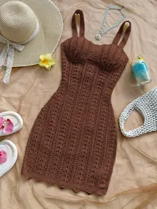 Women's Solid Crochet Slip Dress, Sexy Party Dress for Dates & Beach Vacations, Perfect for Holiday Dating, Afternoon Tea, Wedding Season, Beach Cruises, City Road Trips, Boho Vacations & Music Festivals