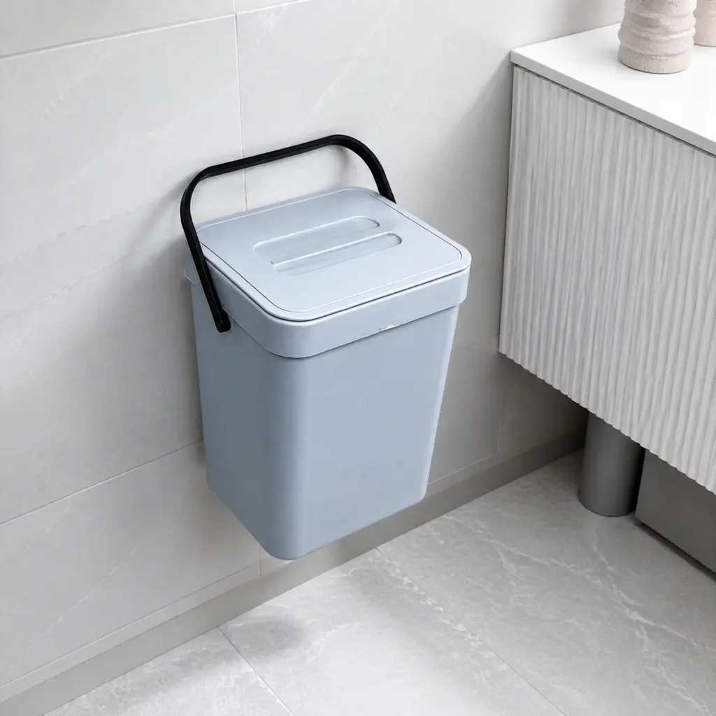 Cream Minimalist Plastic No-Drill Wall-Mounted Trash Can - 1 Unit, Renters-Friendly, Portable Handle, Odor-Locking Cover, Cabinet Door Hanger, Japandi Decor, Motion Induction Touchless Bin, Knee Pedal, Space-Saving Bag Holder, Under Kitchen Sink Daily Use