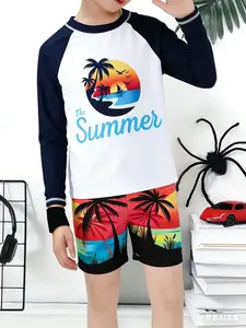 Boys' Summer Coconut Tree Sunset Print Long Sleeve Sun Protection Swimsuit Set, Colorblock Two-Piece Quick-Dry Swimwear