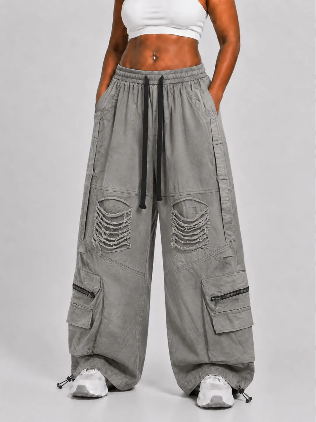 Flooo Women's Loose Wide Leg Distressed Cargo Pants - Grey Streetwear Joggers with Elastic Waistband, Drawstring & Zipper Pockets, Casual Utility Parachute Trousers with Ripped Details for Street Style