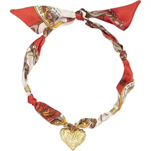 Scarf Necklace with Heart Charm for Women, Red Orange White Pink Blue Silk Bandana Necklace, Gold Stainless Steel No Fade Multifunctional Jewelry Gift