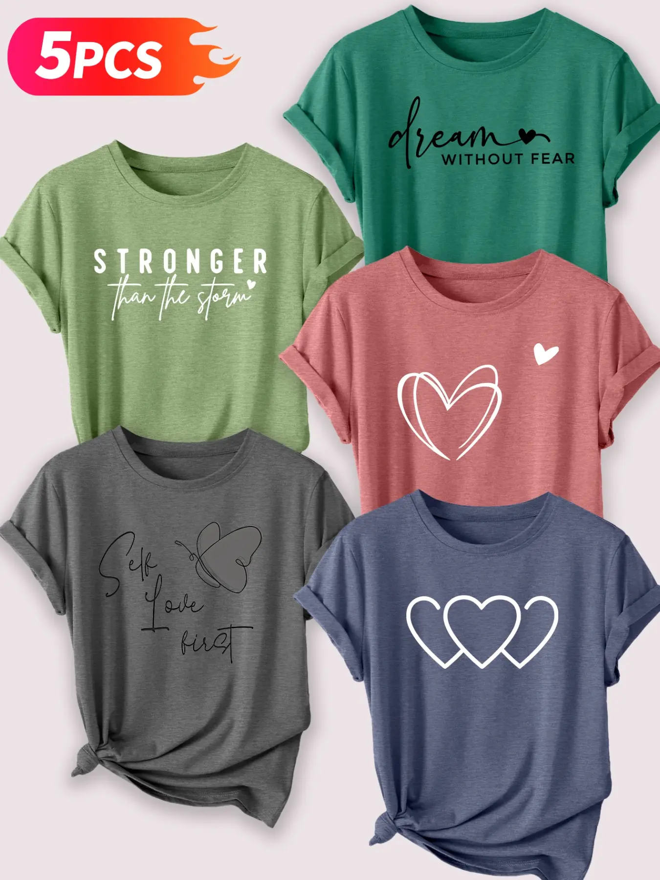 Self-Care and Positive Energy Classic Floral Printed Cotton Round Neck Fitted T-Shirt 5 Pack Top, Best-Selling Stylish Casual Streetwear Set for All Seasons