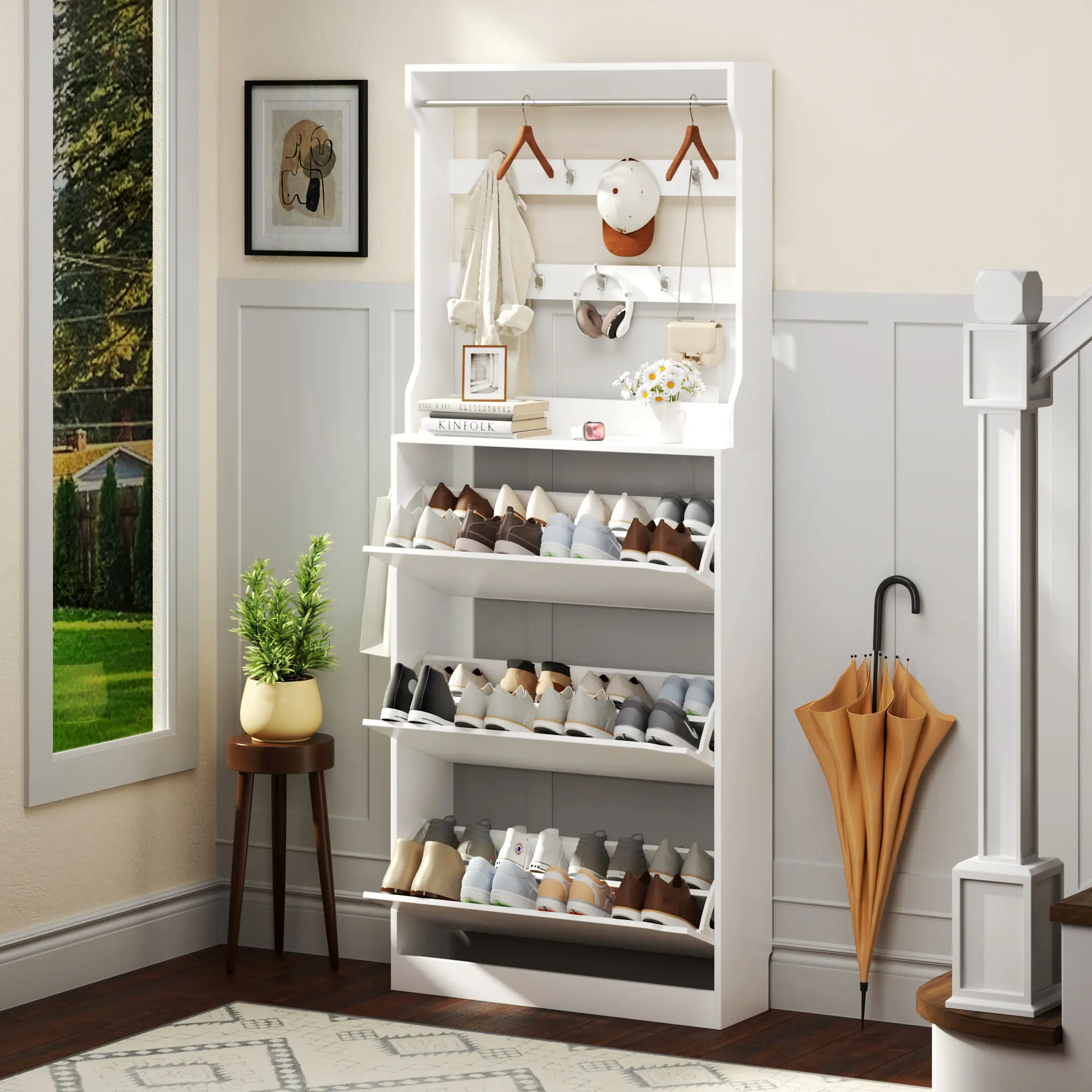 2-in-1 Hall Tree with Shoe Cabinet & Coat Rack – 3 Flip Drawers, Slim Freestanding Entryway Organizer with Hooks for Hats and Bags