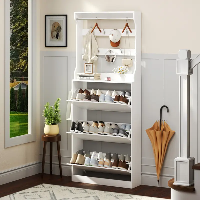Modern 2-in-1 P2 Wood & ABS Hall Tree Shoe Rack Organizer - Single Unit Home Goods, 31.5 x 9.25" Slim Profile Entryway Room Storage Unit with Adjustable Panels, 3 Flip Drawers, Hats/Bags Hooks, Assembly Required
