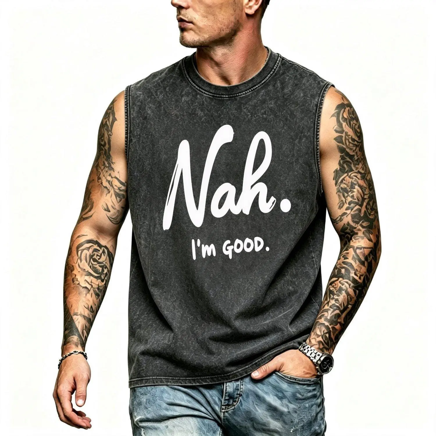 Muscle Tank Top Vests Retro Sleeveless Shirt with Nah I'm Good Print Breathable Gym Workout Vest Suitable for Casual Streetwear Fitness Casual Attire Machine Washable Retro Gift