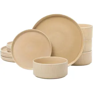 12 Piece Stoneware Reactive Glaze (Service for 4) Ceramic Plates and Bowls Modern Shape Embossed Dinnerware Set - Terracotta Orange