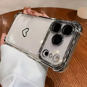 Clear Heart Print Aesthetic Phone Case, Shockproof Electroplated Black Bumper Cover for iPhone 17/16/15 Pro Max, Cute Minimalist Protective Case, Perfect Gift for Her