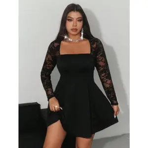 Plus Size Lace Bow-Front Long Sleeve Mini �C Ruffle Hem Cocktail Party Glow