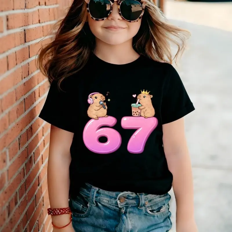 Girls T-Shirt with "67" Printed Design, Sweet KPOP Style, Casual School Outfits, Playtime, Dance Practice, Gift Ready for Girls Perfect for Casual School Wear, Playtime, Family Outings, and Other Fun Activities, Providing Both Style and Comfort Fo