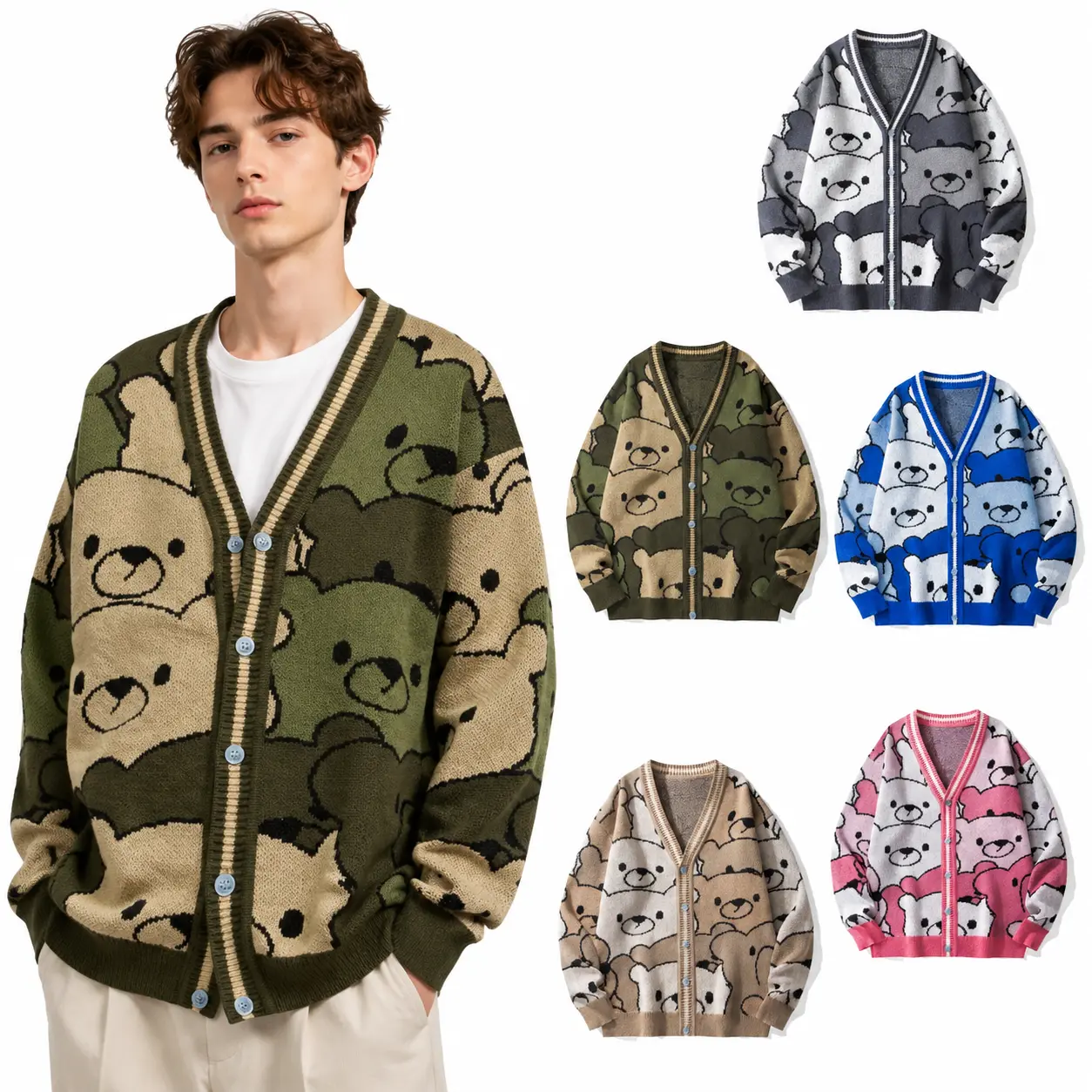 Men's Stylish V-Neck Cardigan - Oversized Loose Knit Tops with Cartoon Bear Print, Stripe Trim Button-Down Streetwear Clothes (Pair with Jeans)