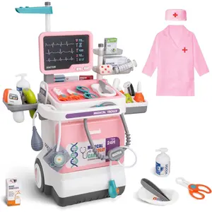 Doctor Kit for Toddlers - Deluxe Pretend Play Medical Cart Toy Set with Stethoscope ,Thermometer,Doctor Costume & Carry Bag - Educational Role Play Gift for Kids Boys & Girls Ages 3 4 5（Pink）