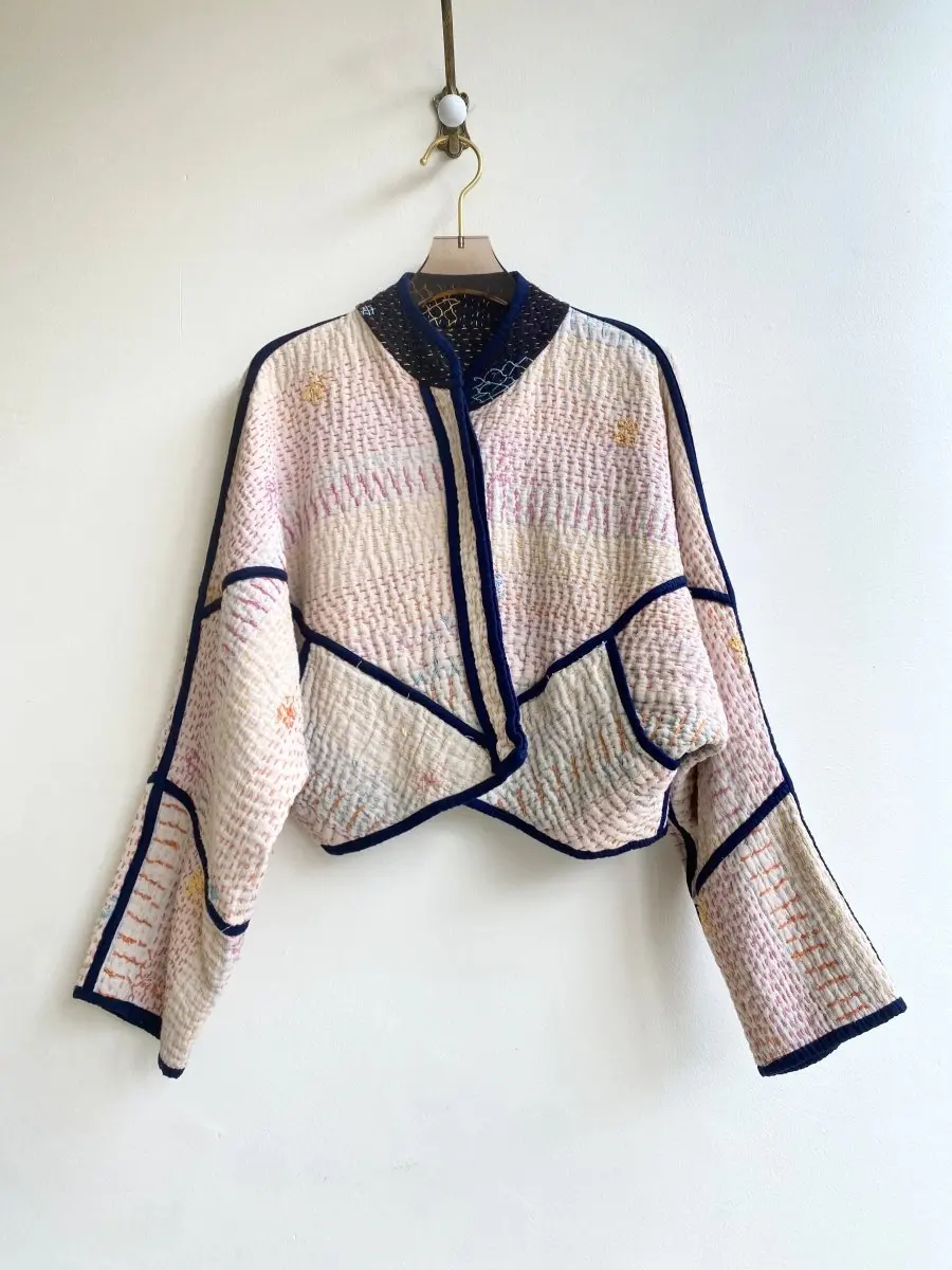 Reversible Kaira Quilted Cropped Jacket in Colors Cream w/ Pastel Embroidery & Black w/ Pastel Embroidery