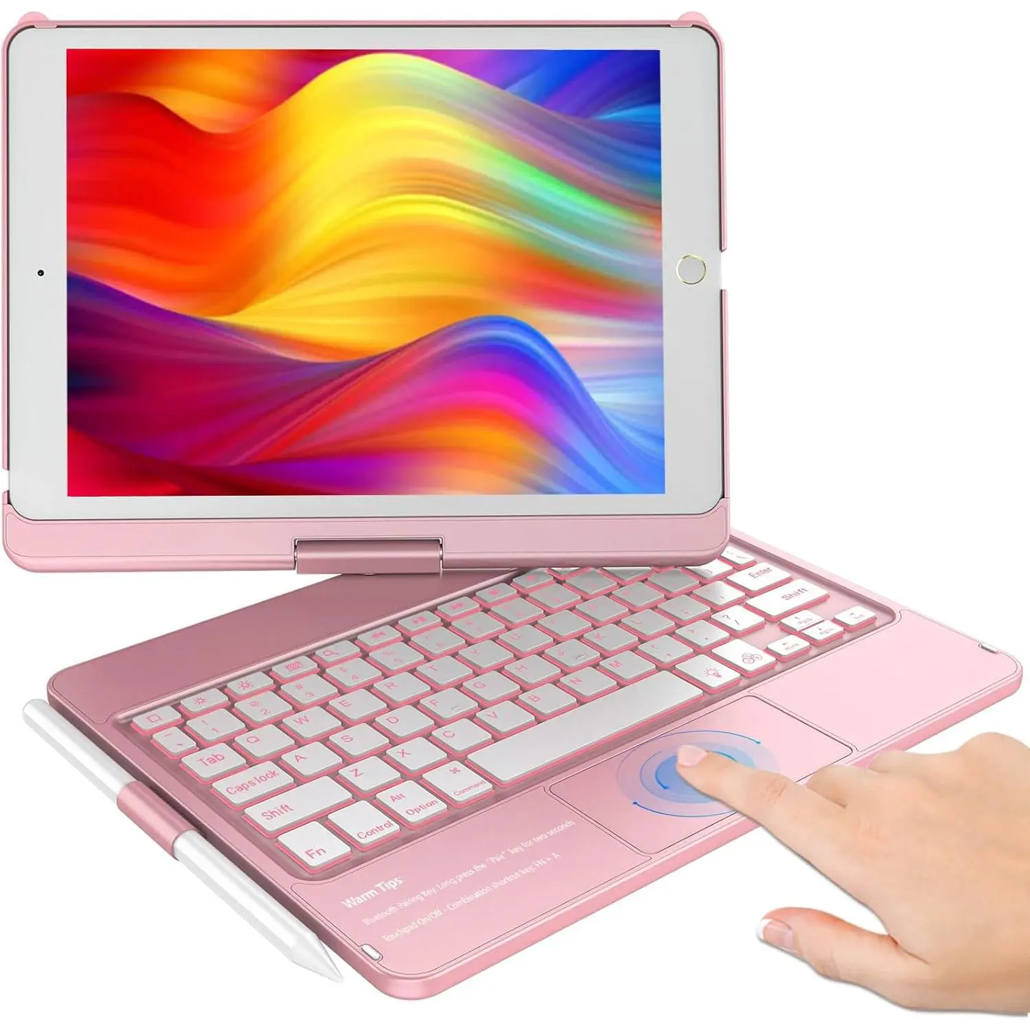 Touchpad Keyboard Case for iPad 9th/8th/7th 10.2 inch, Backlit Trackpad Keyboard, 360?Rotatable Case with Keyboard for iPad 9th/8th/7th Gen, with Pencil Holder (Rose )