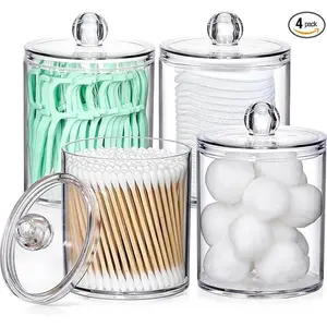 4 Pack Acrylic Qtip Holder Dispenser Set for Cotton Swabs Balls Pads Floss Picks Small Clear Plastic Canister Apothecary Jar Bathroom Essentials Accessories Decor Vanity Makeup Storage Organizer