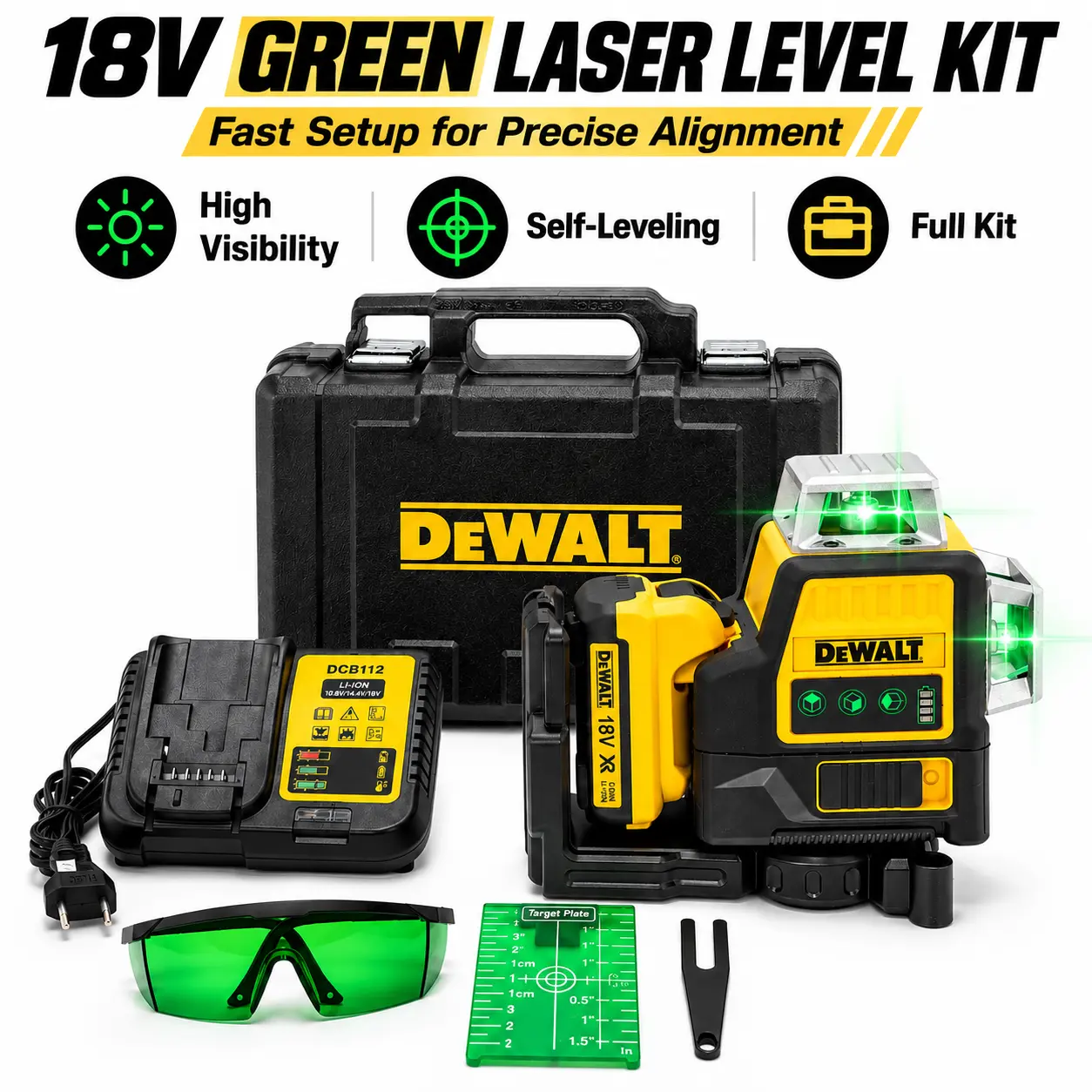 DEWALT 18V Green Laser Level Kit, Horizontal & Vertical Alignment, Durable ABS Housing with Magnetic Bracket, Bright Green Beam, Rechargeable Battery, Professional Leveling Tool for Construction, Tiling, Framing, Shelving & DIY