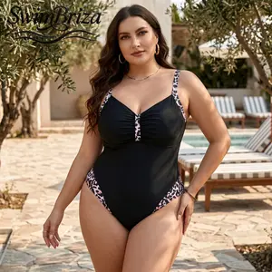 Briza｜Women's Plus Size One Piece Swimsuit Black Leopard Patchwork Bathing Suit Tummy Control Supportive Swimwear for Beach Pool Summer Vacation, Women's Swimwear, Bathing Suit for Women, for Women Beach Pool Summer Vacation Resort Cruise Swimwear