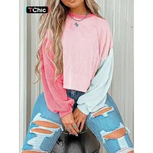 Women’s color-blocked striped print sportswear, spring and autumn casual long-sleeved crewneck pullover, women’s everyday wear GARMENTARY
